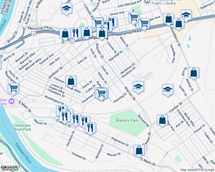 map of restaurants, bars, coffee shops, grocery stores, and more near 110 Heckman Street in Phillipsburg