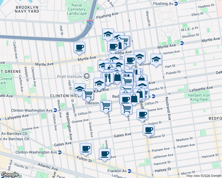 map of restaurants, bars, coffee shops, grocery stores, and more near Dekalb Ave & Taaffe Pl in Brooklyn