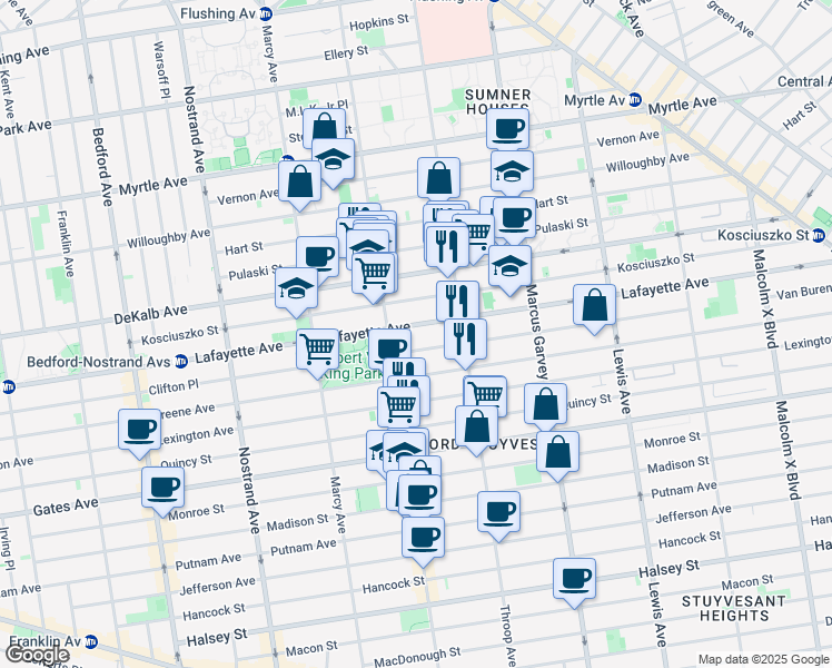 map of restaurants, bars, coffee shops, grocery stores, and more near 722 Lafayette Avenue in Brooklyn