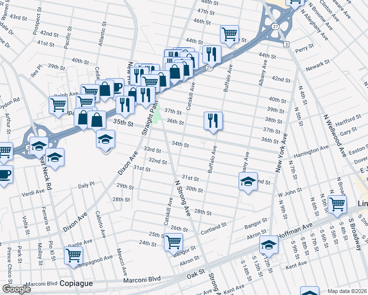 map of restaurants, bars, coffee shops, grocery stores, and more near 399 34th Street in Lindenhurst