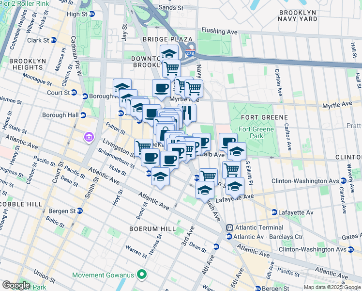 map of restaurants, bars, coffee shops, grocery stores, and more near 1 University Plaza in Brooklyn