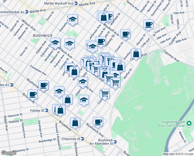 map of restaurants, bars, coffee shops, grocery stores, and more near 574 Wilson Avenue in Brooklyn