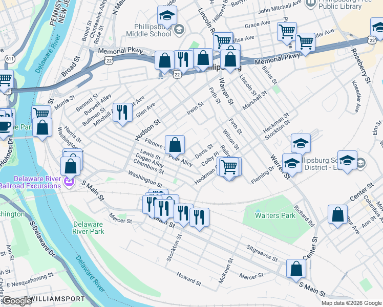 map of restaurants, bars, coffee shops, grocery stores, and more near 239 Filmore Street in Phillipsburg