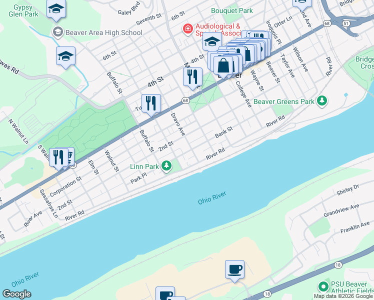 map of restaurants, bars, coffee shops, grocery stores, and more near 151 Dravo Avenue in Beaver