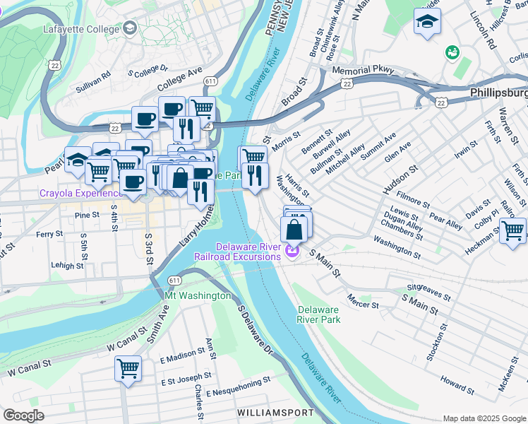 map of restaurants, bars, coffee shops, grocery stores, and more near 62 South Main Street in Phillipsburg