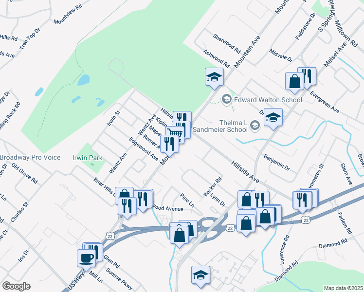 map of restaurants, bars, coffee shops, grocery stores, and more near 719 Mountain Avenue in Springfield
