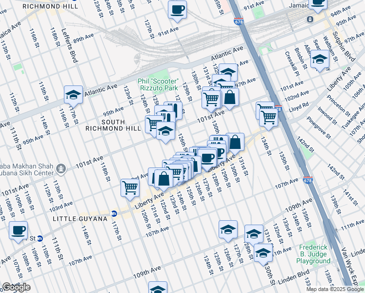 map of restaurants, bars, coffee shops, grocery stores, and more near 42 126th Street in Queens