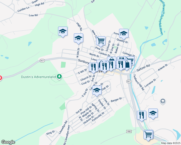 map of restaurants, bars, coffee shops, grocery stores, and more near 105 Middle Street in Minersville
