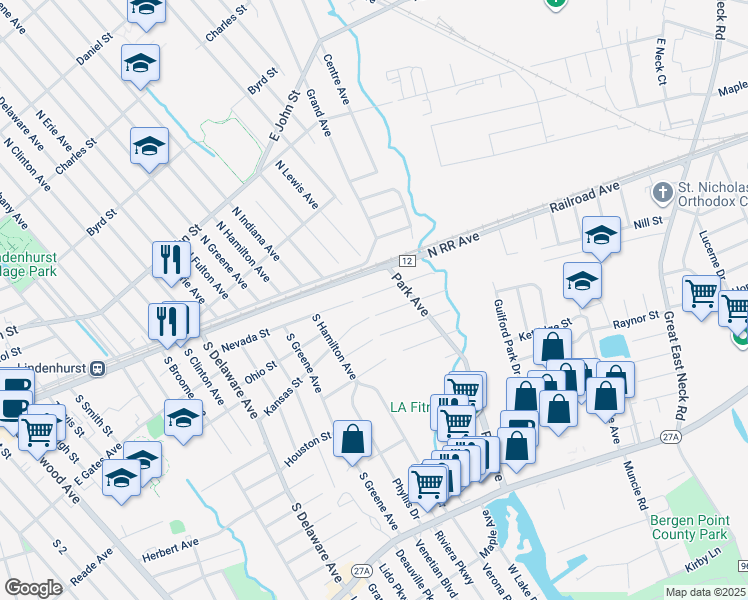 map of restaurants, bars, coffee shops, grocery stores, and more near 363 Nevada Street in Lindenhurst