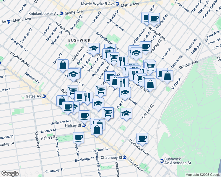 map of restaurants, bars, coffee shops, grocery stores, and more near 1150 Hancock Street in Brooklyn