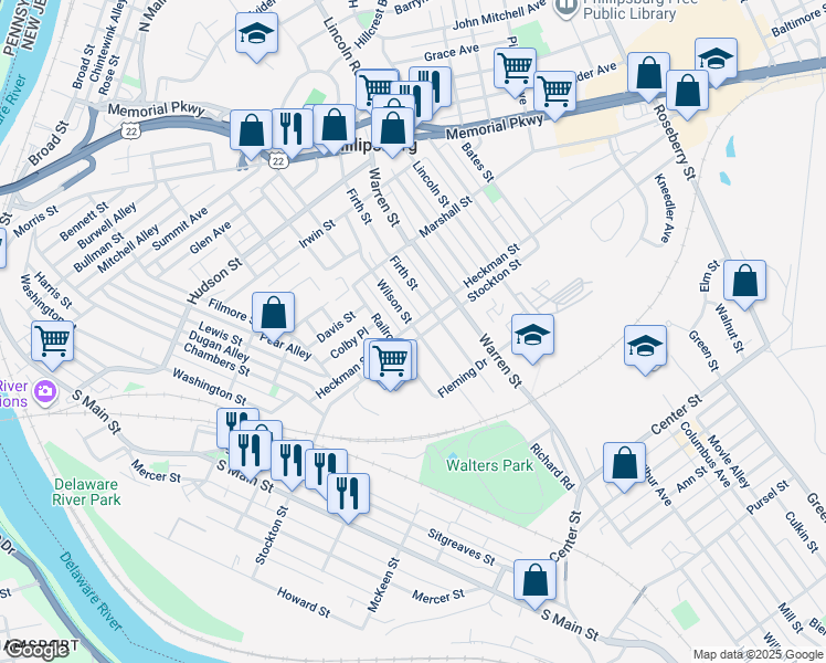 map of restaurants, bars, coffee shops, grocery stores, and more near 110 Heckman Street in Phillipsburg