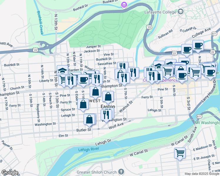map of restaurants, bars, coffee shops, grocery stores, and more near in Easton