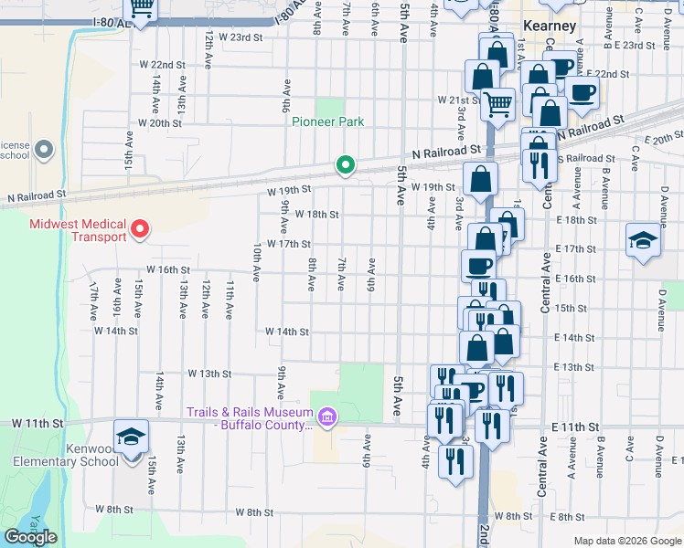 map of restaurants, bars, coffee shops, grocery stores, and more near 1600 7th Avenue in Kearney