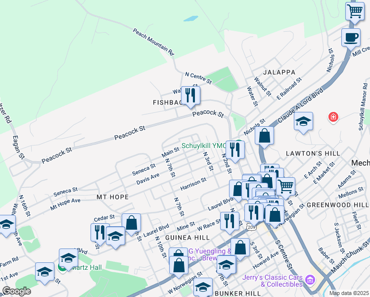 map of restaurants, bars, coffee shops, grocery stores, and more near 425 Main Street in Pottsville