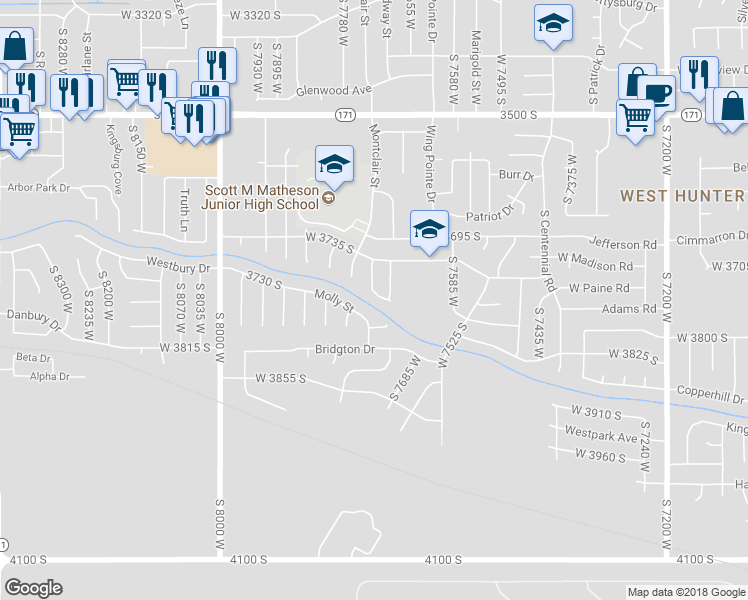 map of restaurants, bars, coffee shops, grocery stores, and more near 3762 Washington Loop in Magna