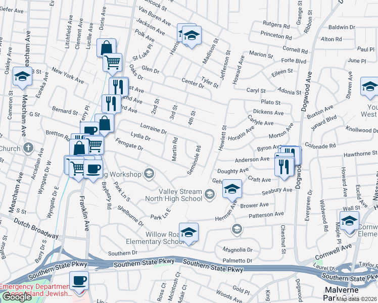 map of restaurants, bars, coffee shops, grocery stores, and more near 585 Bernice Road in Franklin Square