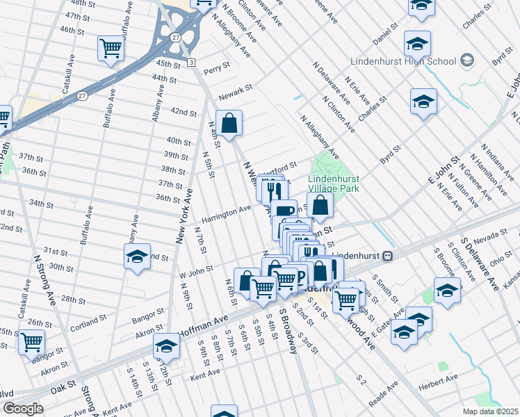 map of restaurants, bars, coffee shops, grocery stores, and more near 299 North Wellwood Avenue in Lindenhurst