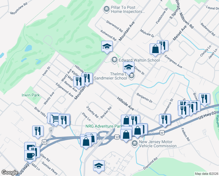 map of restaurants, bars, coffee shops, grocery stores, and more near 220 Hillside Avenue in Springfield