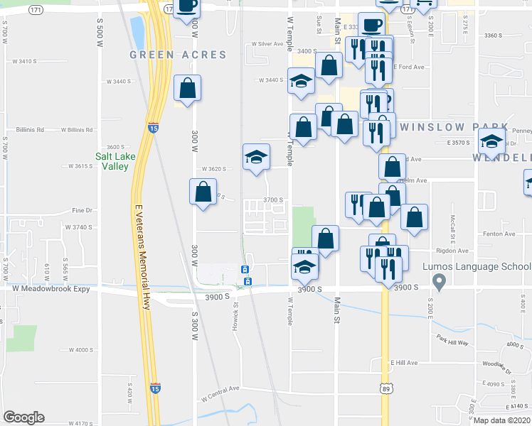 map of restaurants, bars, coffee shops, grocery stores, and more near 3723 South Luchars Lane in South Salt Lake