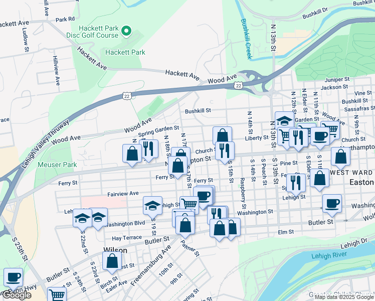 map of restaurants, bars, coffee shops, grocery stores, and more near 29 North 17th Street in Easton