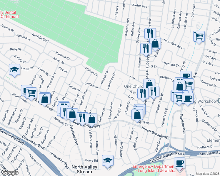 map of restaurants, bars, coffee shops, grocery stores, and more near 701 Dorothea Lane in Elmont