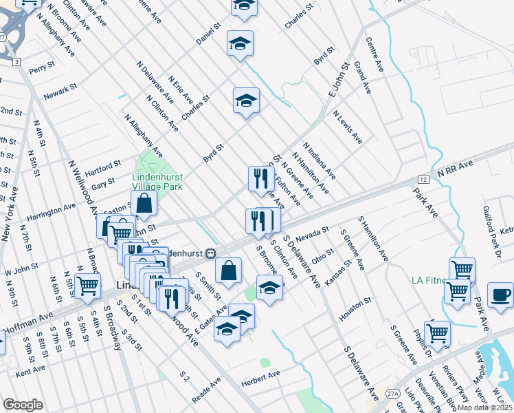 map of restaurants, bars, coffee shops, grocery stores, and more near 145 N Delaware Ave in Lindenhurst
