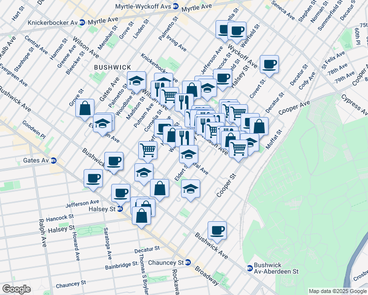 map of restaurants, bars, coffee shops, grocery stores, and more near 1155 Halsey Street in Brooklyn