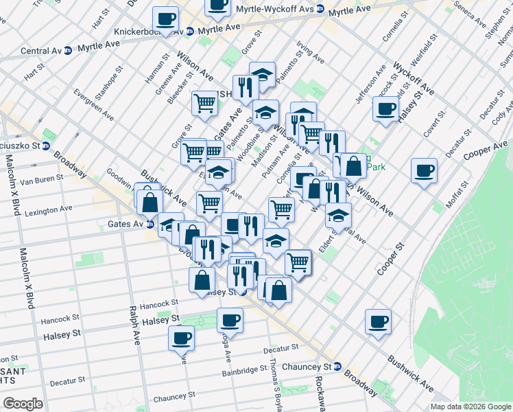 map of restaurants, bars, coffee shops, grocery stores, and more near 521 Evergreen Avenue in Brooklyn