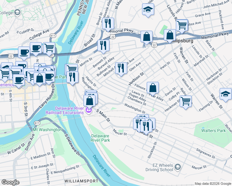 map of restaurants, bars, coffee shops, grocery stores, and more near 168 Chambers Street in Phillipsburg