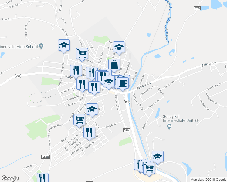 map of restaurants, bars, coffee shops, grocery stores, and more near 29 West Sunbury Street in Minersville
