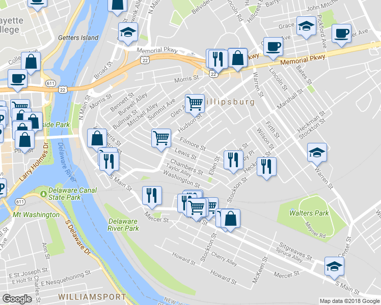 map of restaurants, bars, coffee shops, grocery stores, and more near 135 Lewis Street in Phillipsburg