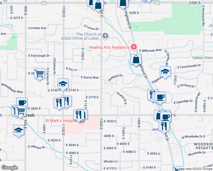 map of restaurants, bars, coffee shops, grocery stores, and more near 1331 Sonoma Court in Millcreek