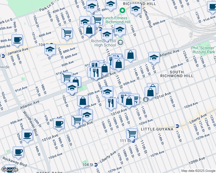 map of restaurants, bars, coffee shops, grocery stores, and more near 109-1 95th Avenue in Queens