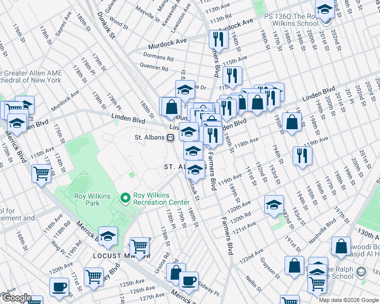 map of restaurants, bars, coffee shops, grocery stores, and more near 186-24 Foch Boulevard in Queens