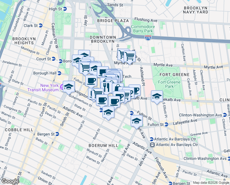 map of restaurants, bars, coffee shops, grocery stores, and more near 7 DeKalb Avenue in Brooklyn
