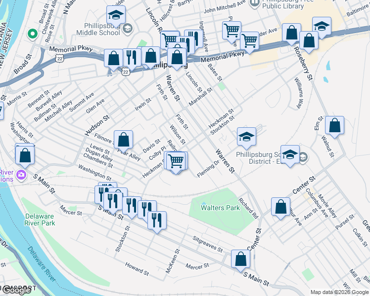 map of restaurants, bars, coffee shops, grocery stores, and more near 110 Heckman Street in Phillipsburg