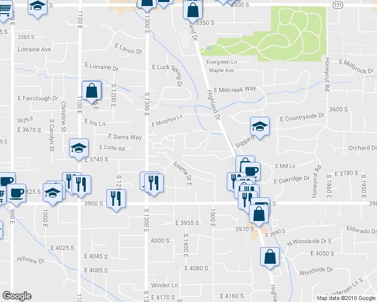 map of restaurants, bars, coffee shops, grocery stores, and more near 1422 Vineyard Court in Millcreek