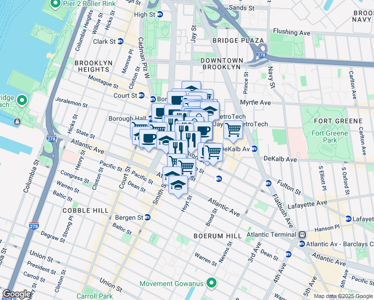 map of restaurants, bars, coffee shops, grocery stores, and more near 141 Livingston Street in Brooklyn