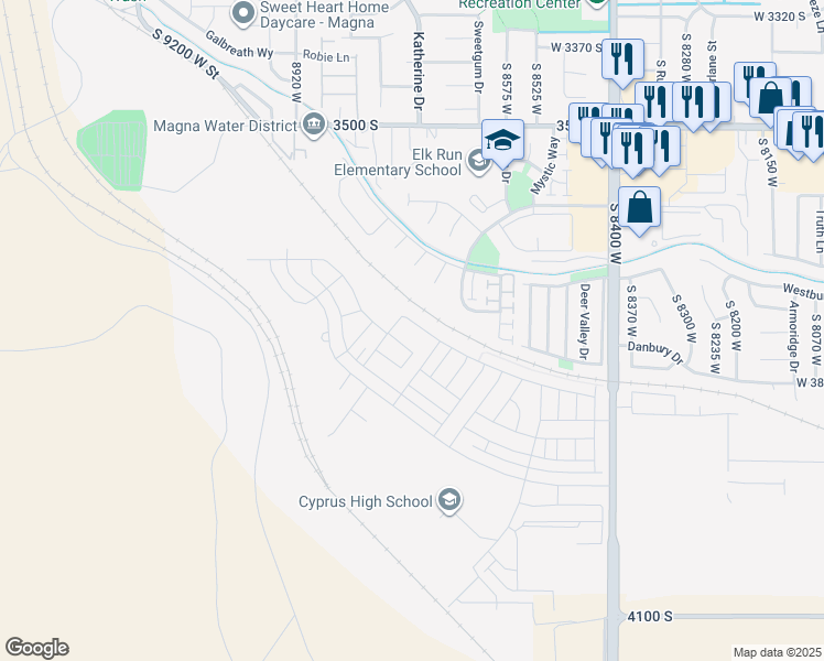 map of restaurants, bars, coffee shops, grocery stores, and more near 8719 West Beckville Drive in Magna
