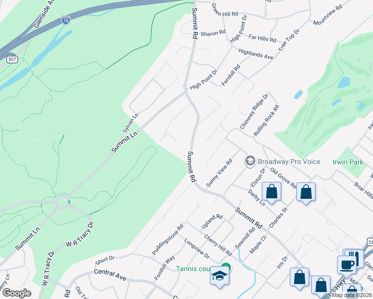 map of restaurants, bars, coffee shops, grocery stores, and more near 423 Summit Road in Mountainside