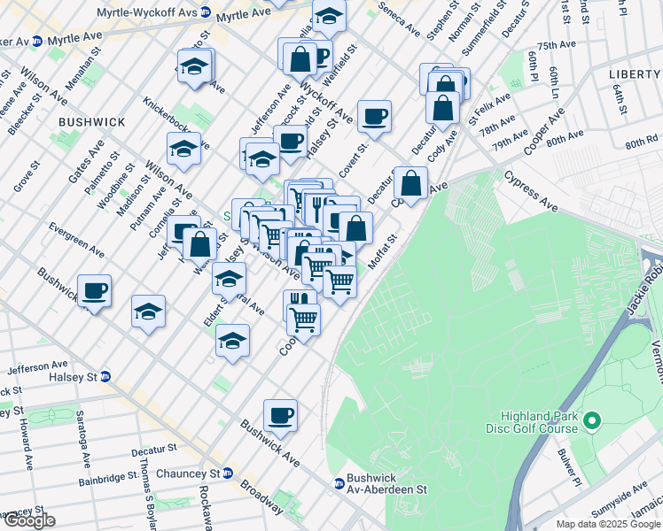 map of restaurants, bars, coffee shops, grocery stores, and more near 1280 Decatur Street in Brooklyn