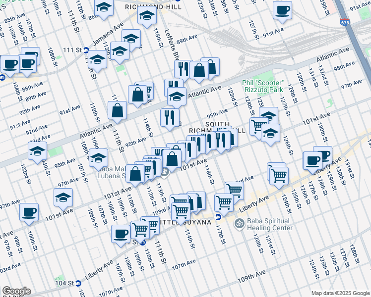 map of restaurants, bars, coffee shops, grocery stores, and more near 97-04 117th Street in Queens