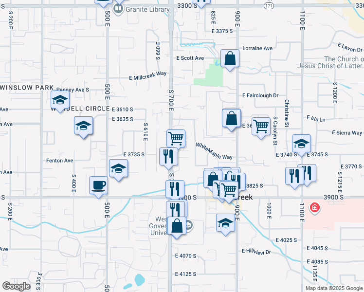 map of restaurants, bars, coffee shops, grocery stores, and more near 721 East 3720 South in Millcreek