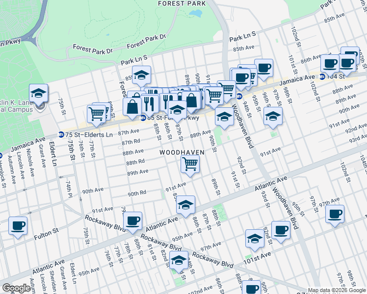 map of restaurants, bars, coffee shops, grocery stores, and more near in Queens