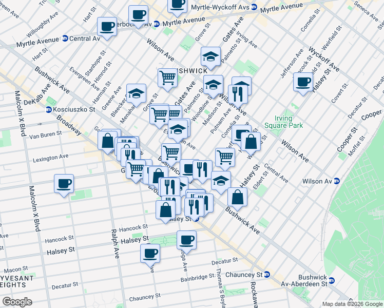 map of restaurants, bars, coffee shops, grocery stores, and more near 1052 Madison Street in Brooklyn