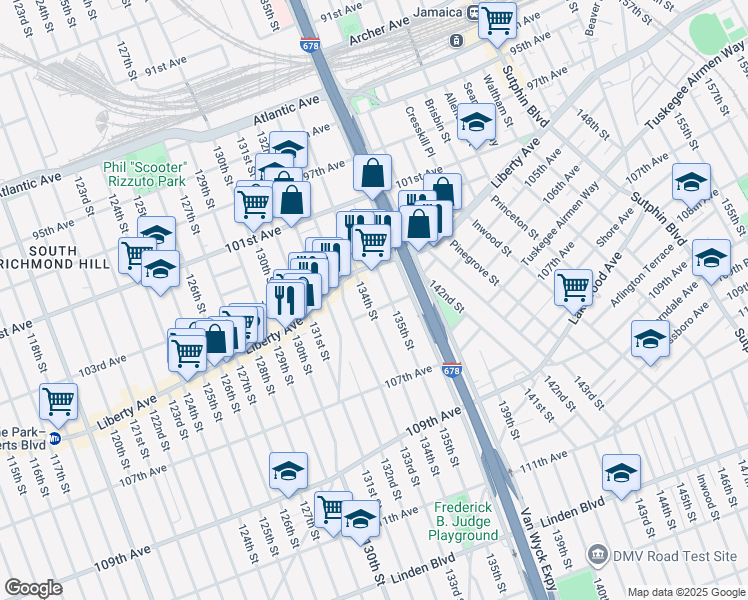 map of restaurants, bars, coffee shops, grocery stores, and more near 104-35 134th St in Queens