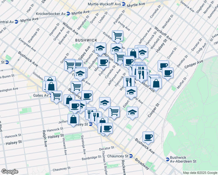 map of restaurants, bars, coffee shops, grocery stores, and more near 1194 Jefferson Avenue in Brooklyn