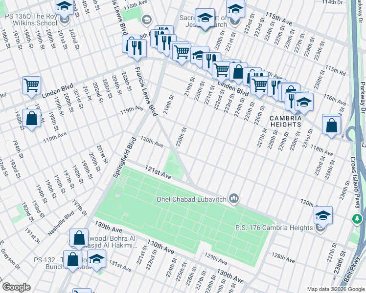 map of restaurants, bars, coffee shops, grocery stores, and more near 119-39-119-43 221st Street in Queens