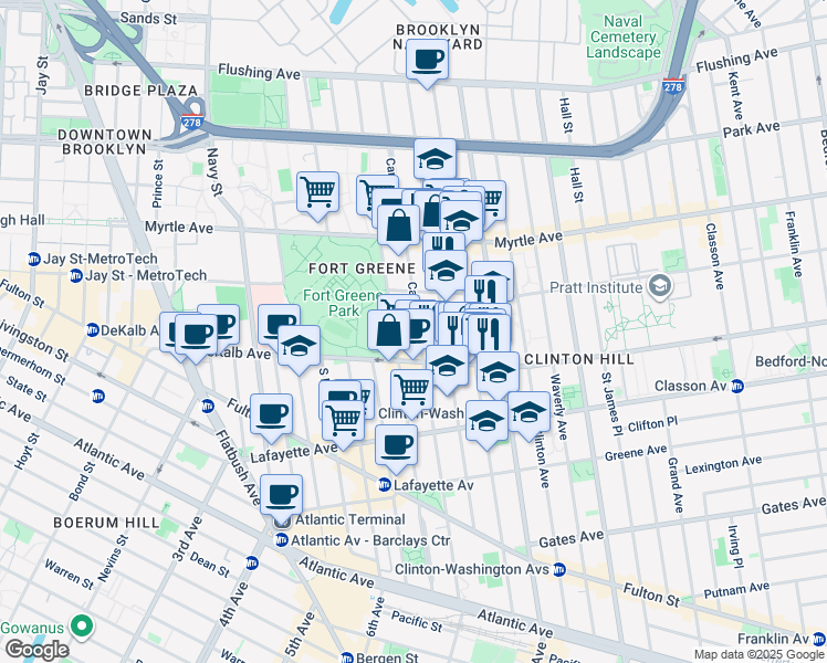 map of restaurants, bars, coffee shops, grocery stores, and more near 242 Carlton Avenue in Brooklyn