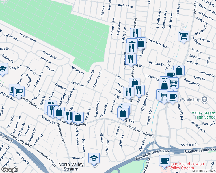 map of restaurants, bars, coffee shops, grocery stores, and more near 683 Lawrence St in Elmont